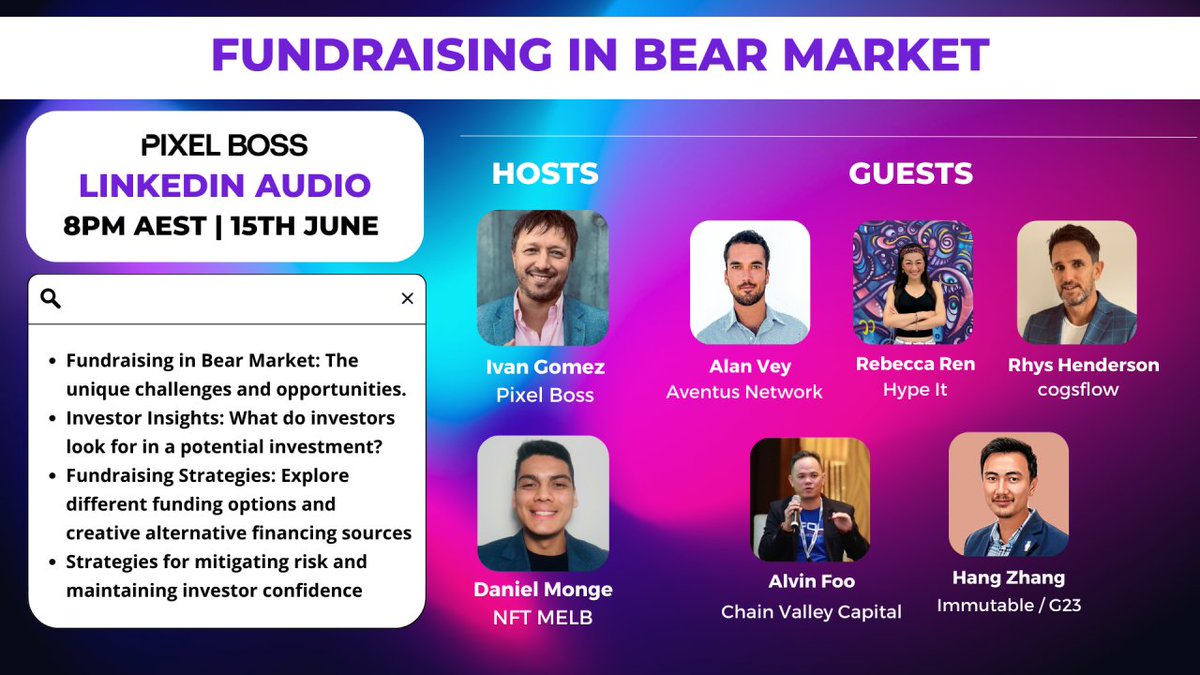 AventusNetwork's tweet photo. Our very own @Alan_Vey  will be attending a LinkedIn Live session alongside industry experts to discuss fundraising in a bear market!

Tune in on Thursday, June 15th, at 8 PM EST!

For more information, please visit: https://t.co/nohkql1Hja https://t.co/C2vDbWY8HJ