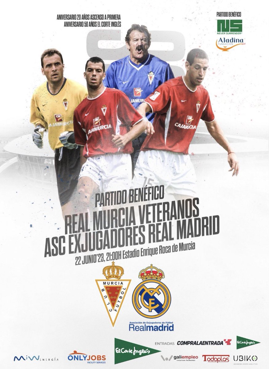 #PartidoBenéfico

¡No te lo pierdas!

Entradas a la venta en:

realmurcia.compralaentrada.com/eventos/

elcorteingles.es/entradas/depor…
