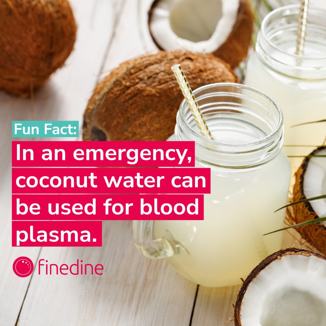 Your Welcome Wednesday is here! 🌟 Here is a fun fact for you. 👇🏻 Did you know that in an emergency, coconut water can be used for blood plasma? 🥥 Just like blood plasma, coconut water has levels of high sodium and low potassium. #finedinemenu #funfacts