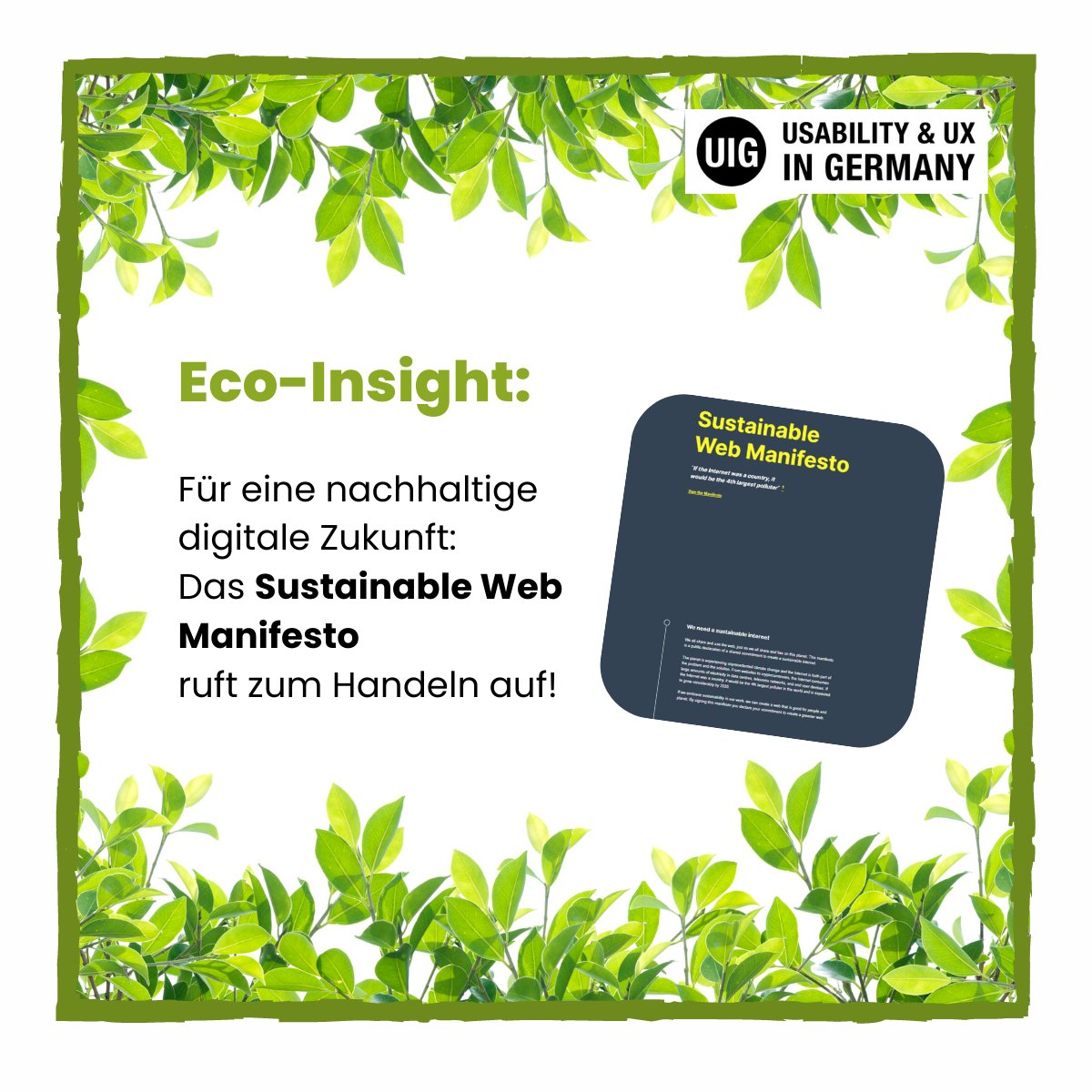 Habt Ihr schon vom Sustainable Web Manifesto gehört?🌍💻
Es setzt sich für eine nachhaltige Zukunft des Internets ein und ruft dazu auf, den ökologischen Fußabdruck der Web-Entwicklung und -Nutzung zu reduzieren.
👉 sustainablewebmanifesto.com

#UX #Nachhaltigkeit