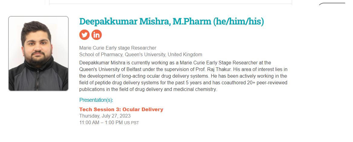ORBITAL_ITN's tweet photo. Check out @CRS_FG_Ocular @ThakurLab_QUB's Deepak Mishra's upcoming talk @CRSScience in Vegas, July! Join him for this great talk, and oh ya, congrats on the Trainee Award, Deepak! 👏🥳
#ShareScience @REA_research @MSCActions #H2020 #ResearcherAwards
https://t.co/GzVs9MYYtX https://t.co/5S7GQouP6t