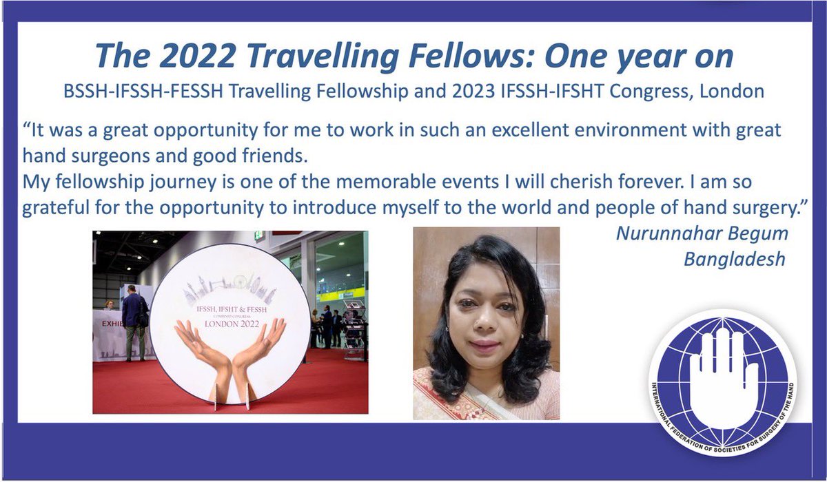 IFSSHand's tweet photo. Over to Bangladesh to hear Dr Nurunnahar Begum speak of her time in Glasgow and Edinburgh and the lifelong impact of the fellowship program. #IFSSH2022 #HandSurgery #হ্যান্ডসার্জারি https://t.co/k37wS5jLwk