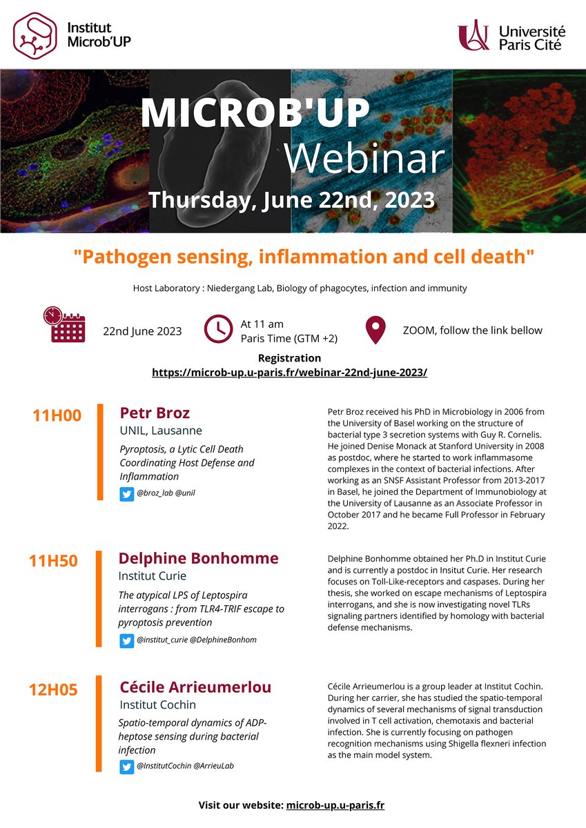 Microb'Up (@microbup) on Twitter photo Do not miss the next <a href="/microbup/">Microb'Up</a> <a href="/univ_paris_cite/">Université Paris Cité</a> Webinar:
"Pathogen sensing, inflammation and cell death"
With <a href="/broz_lab/">Broz Lab</a> <a href="/DelphineBonhom/">Delphine Bonhomme</a> <a href="/ArrieuLab/">ArrieuLab</a>
Thursday, June 22, 11:00 am (Paris Time) Hosted by <a href="/FNiedergang/">Florence Niedergang</a>
Register at:
microb-up.u-paris.fr/webinar-22nd-j…
Please RT Do not miss the next <a href="/microbup/">Microb'Up</a> <a href="/univ_paris_cite/">Université Paris Cité</a> Webinar:
"Pathogen sensing, inflammation and cell death"
With <a href="/broz_lab/">Broz Lab</a> <a href="/DelphineBonhom/">Delphine Bonhomme</a> <a href="/ArrieuLab/">ArrieuLab</a>
Thursday, June 22, 11:00 am (Paris Time) Hosted by <a href="/FNiedergang/">Florence Niedergang</a>
Register at:
microb-up.u-paris.fr/webinar-22nd-j…
Please RT