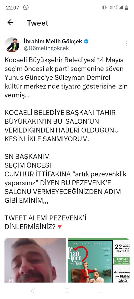 yunusgunce's tweet photo. Melih Gökçek bana taktı. Yalanlar uyduruyor, iftiralar atıyor, trollerini üzerime salıyor, hakaretler ediyor, insanları çok tehlikeli kurgularla, algılarla yüklüyor; bana, bize karşı biliyor.

Belediyeleri arıyor, sosyal medyada  linç ettiriyor, salonlara haber salıyor, tatlı tatlı uyarıyor(!).

Ekmeğimizle oynuyor. Sadece bizim değil, bütün ekibin. Bilet alanları mağdur ediyor. Karı Koca İşleri oynanmasın istiyor.

Kocaeli’nde başardı. Diğer temsillere dadanıyor.

Biz yine de Kocaeli’nden vazgeçmedik. Oyunumuzu başka bir sahneye taşıdık. Tarih aynı, salonu duyuracağız.

Üsküdar’dan, Eskişehir’den de vazgeçmeyeceğiz.
Elimizden geldiğince, gücümüz yettiğince direneceğiz.

Oyunumuzla, seyircimizle, tiyatroyla, sanatla direneceğiz.

Biz geçimini tiyatro ile sağlamaya çalışan insanlarız. Oynayabildiğimiz sürece, oynayabildiğimiz yerlerde oyunumuzu oynamaya devam edeceğiz. 

Kolay olmayacak. Ama imkansız olana kadar deneyeceğiz.

Eyvallah🎭

@isikselingunce @sabrianilozkan @06melihgokcek 

#KarıKocaİşleri