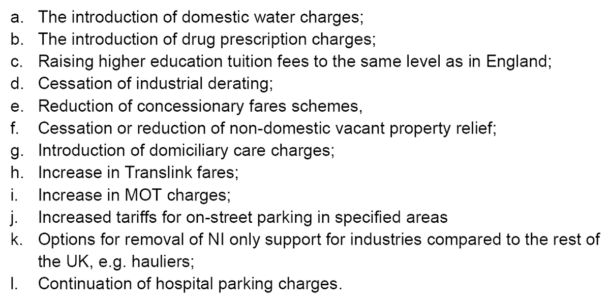 The Secretary of State has written to the NI Civil Service asking them for advice on ways to tax NI more or end free stuff in the following areas. No hint he's going to do any of this yet, but presumably that's a future stick with which he hopes to prod the DUP into Stormont.