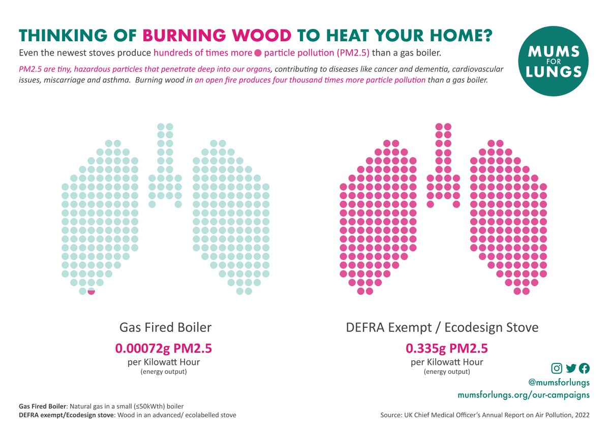 Do you know how polluting #WoodBurning is? We've worked with a data visualisation designer to create this graphic - we wanted an easy way to visualise the data in @CMO_England's 2022 #AirPollution report. #CleanAirDay #EcoStove mumsforlungs.org/news/wood-burn…