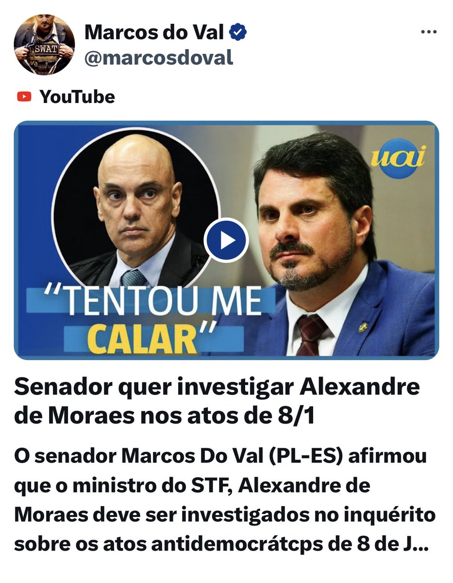 marcosdoval's tweet photo. Seguindo o que determina a constituição que cabe aos senadores, fiscalizar, afastar e até impeachmar ministros do STF. É notório em todos os meios jurídicos e entre e entre os magistrados, por todo o Brasil, as ações anticonstitucionais do ministro Alexandre de Moraes.
Repetindo a fala do Ulisses Guimarães:
Quem trai a constituição é um traidor da pátria! #cpmi8dejaneiro #senadormarcosdoval