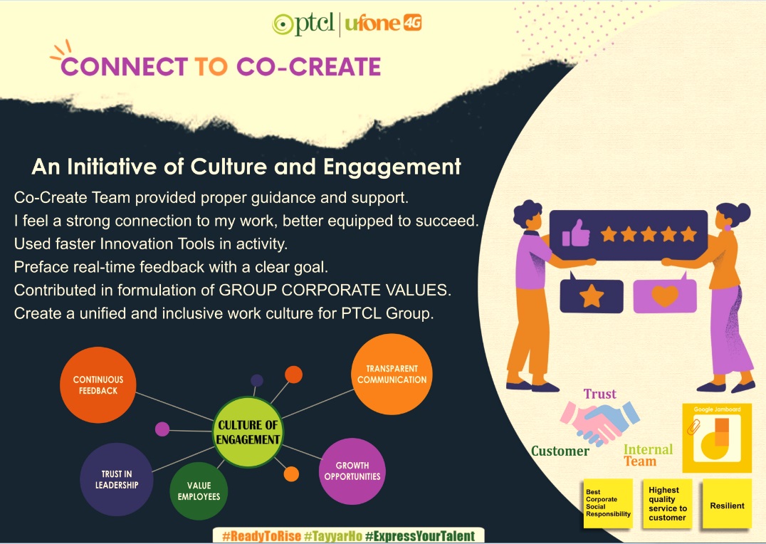 Connect to Co-Create:
An Initiative of Culture and Engagement

 I feel a strong connection to my work, better equipped to succeed.
Used faster Innovation Tools in activity.
Create a unified and inclusive work culture for PTCL Group.

 #TayyarHo #ReadyToRise #ExpressYourTalent