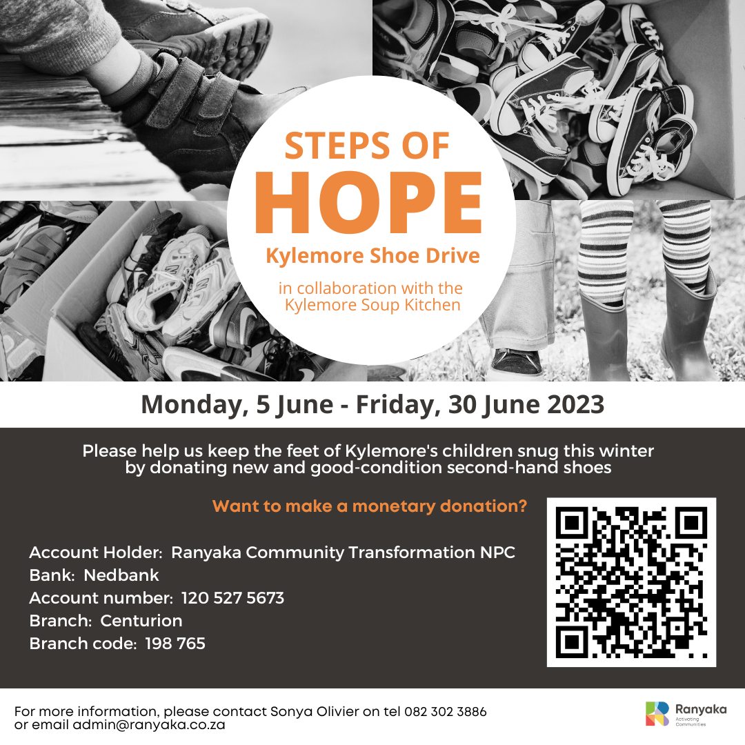 Join @RanyakaT Steps of Hope Campaign to keep the kids in Kylemore warm this #YouthMonth by donating new/gently used shoes, clothing, blankets, and dried food items to support families in need. Drop-off points are at Ranyaka's Stellenbosch office.

#stepsofhope #community #SN