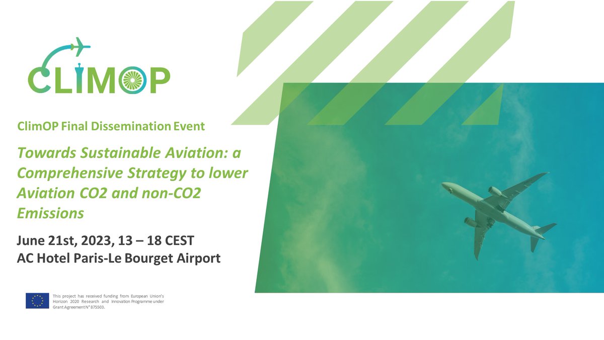 -7 days to ClimOP Final Event in Le Bourget, right next @parisairshow🚀 The event will present the project's results on how to #FlyGreener, while #aviation stakeholders will discuss the future of #AirTransport #sustainability. Register now ! 👇 climop-h2020.eu/towards-aviati…