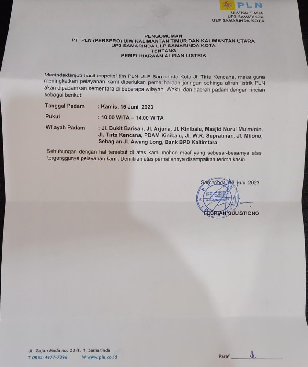 SamarindaUpdate's tweet photo. #InfoSmr sekilas info pemadaman listrik wilayah kinibalu #samarinda https://t.co/HlbWFk4Nlv