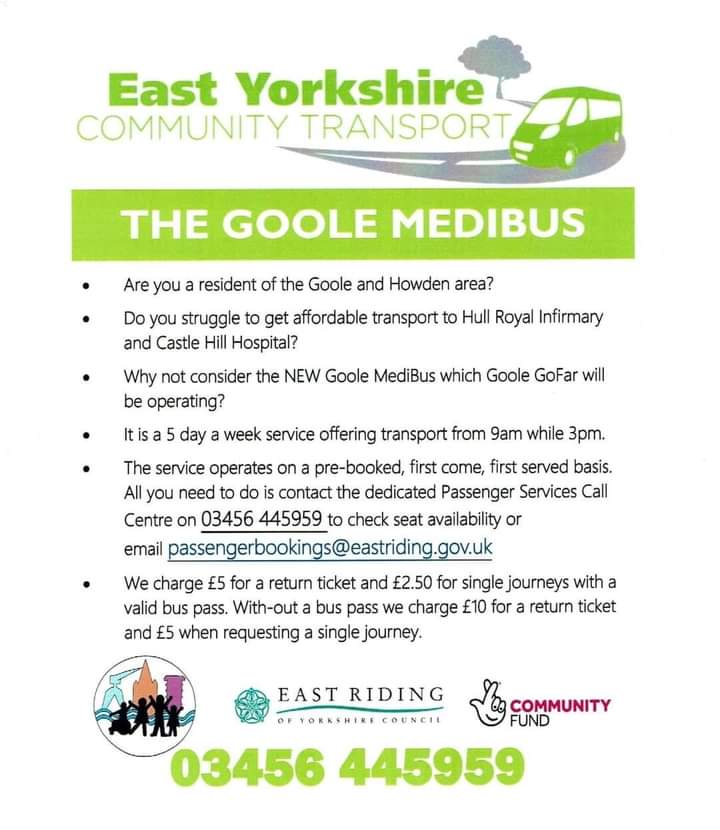avidgardener72's tweet photo. Do you live in the Goole & Howden area and need help getting to Doctor & Hospital, Dental & Optician appointments? Why not book the #Medibus run by @GooleGoFar (£5 pp return with a bus pass & £10 pp without bus pass)
Door to door service covering Goole & Howden Health centres tbc https://t.co/NrMMMwRsQR