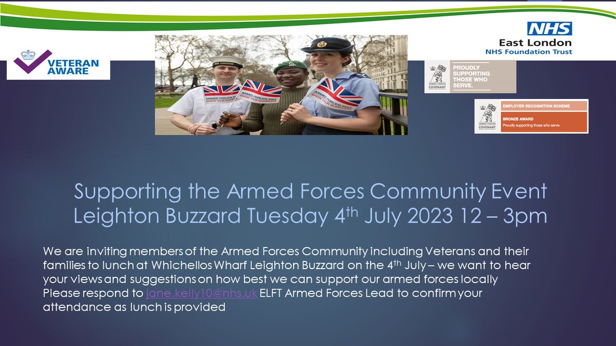 ➡️ELFT is hosting a Supporting the Armed Forces Community Event in #LeightonBuzzard on July 4

➡️ We are inviting members of the armed forces community including #veterans and their families – we want to hear your views &amp; ideas on how we can best support our armed forces locally