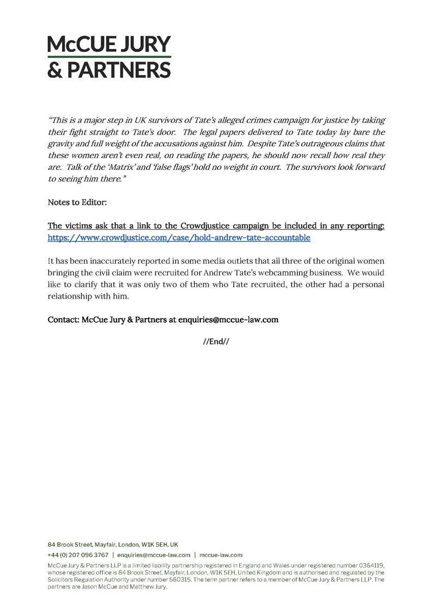 PRESS RELEASE: Andrew Tate served with legal papers by UK victims 👇