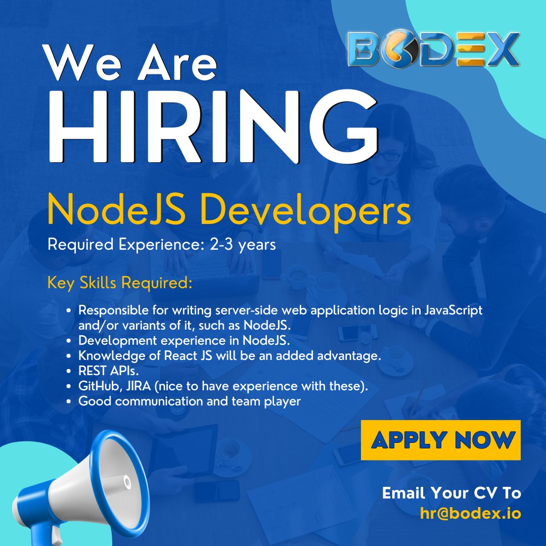 bodexllc's tweet photo. Looking for a job? Start your new career with us!

🔔BODEX is hiring for NodeJS Developers🔔

📌Email your resume to hr@bodex.io📌

Make sure to share it with your friends🙌🏻

#hiring #career #opportunity #wearehiring #itjobs #jobsopening #nodejs #nodejsdeveloperjobs https://t.co/rO9Zjb2bU5