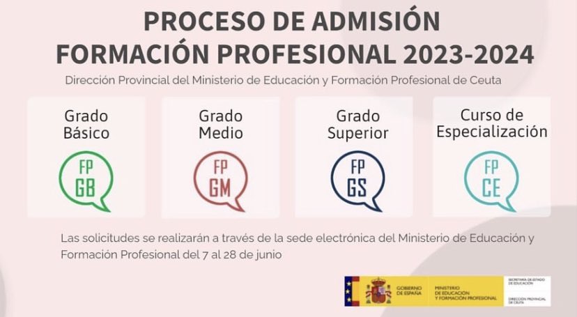 upeceuta's tweet image. ‼️
Las solicitudes se realizan a través de la sede electrónica del Ministerio de Educación y Formación Profesional, del 7 al 28 de junio. 

Si tienes alguna duda, consulta los vídeos tutoriales y la guía informativa. 

➡️ educacionyfp.gob.es/contenidos/ba/…

#MEFP #UPE #DPCeuta #FP #2023