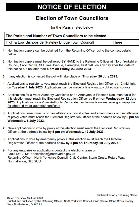 An election will be held in the Parish of High and Low Bishopside. Candidates wishing to join Pateley Bridge Town Council as a Town Councillor are welcome to submit nomination papers.

The Town Council also has a vacancy that it can fill by co-option. 

pateleybridgetowncouncil.gov.uk/_VirDir/CoreCo…