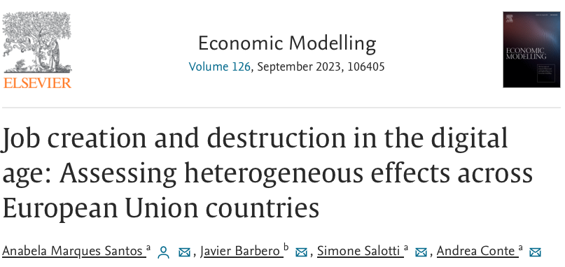 jbarberoeco's tweet photo. Job creation and destruction in the #digital age: Assessing heterogeneous effects across #EuropeanUnion  countries. 
New #OpenAccess paper by @anabelamsantos, Simone Salotti, and @Contean (@EU_ScienceHub) and @jbarberoeco (@UamTeh @UAM_Economicas) https://t.co/tKwln5N5od
