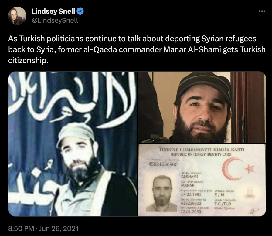LindseySnell's tweet photo. Surprised that people are surprised about this.

Turkey is partnering with HTS in Idlib and uses the group to police its SNA mercenaries in Afrin. I personally interviewed Nusra members in Istanbul. Al-Qaeda crosses the border freely.

Oh, and https://t.co/qwwI9NmjBo