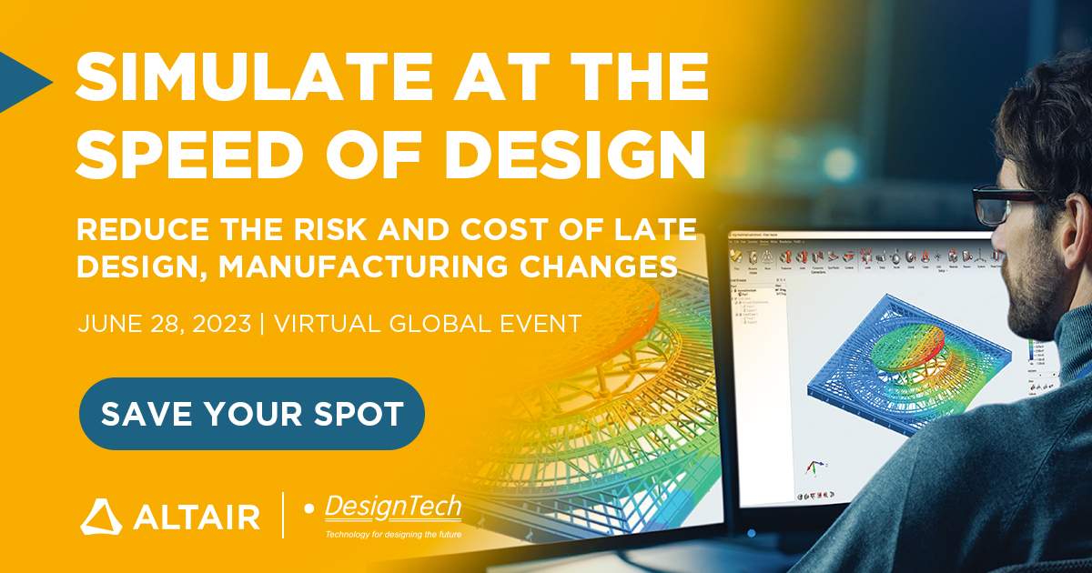 DesignTechSys's tweet image. Join us on 28th June at the "Simulate at the Speed of Design" event to learn how CAE, FEA, and Simulation can save time and money in product development.
Register: rb.gy/agfen
#altairpartner #altairevent #simulationdrivendesign #generativedesign #FEA #cae #CADCAE