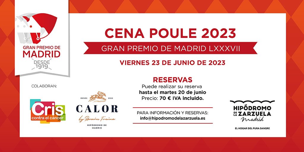 Llega el Gran Premio de Madrid y con él la Cena-Poule 2023.

🌙 Disfruta una entrañable velada en <a href="/HipodromoMadrid/">Hipódromo de La Zarzuela</a> 
🧑‍🍳 Cóctel y cena a cargo de Calor by <a href="/RamonFreixa/">Ramon Freixa</a> servido por <a href="/LifeGourmet_/">Life Gourmet Catering</a> 
 🏆 Entrega del Premio Pablo Font 10ª edición a Doña África Mora-Figueroa
📝🏇Entrega
