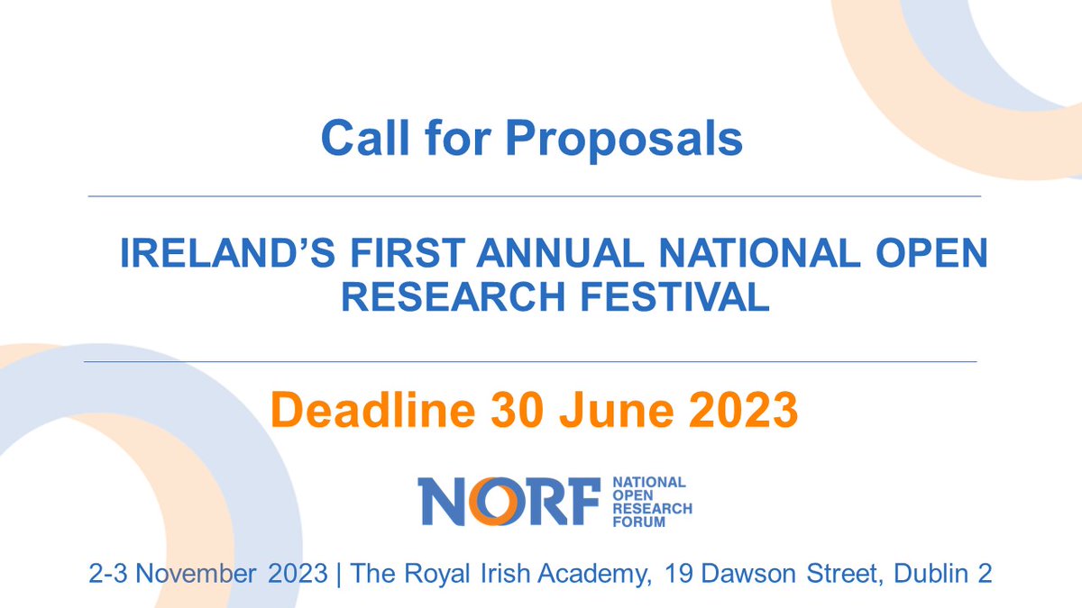 📢Call for proposals for lightning talks and workshops now open!
#NORFest2023 provides a forum for all members of the research community to present and discuss work related to Ireland's transition to Open Research. Explore the event themes and CfP here: norf.ie/call-for-propo…