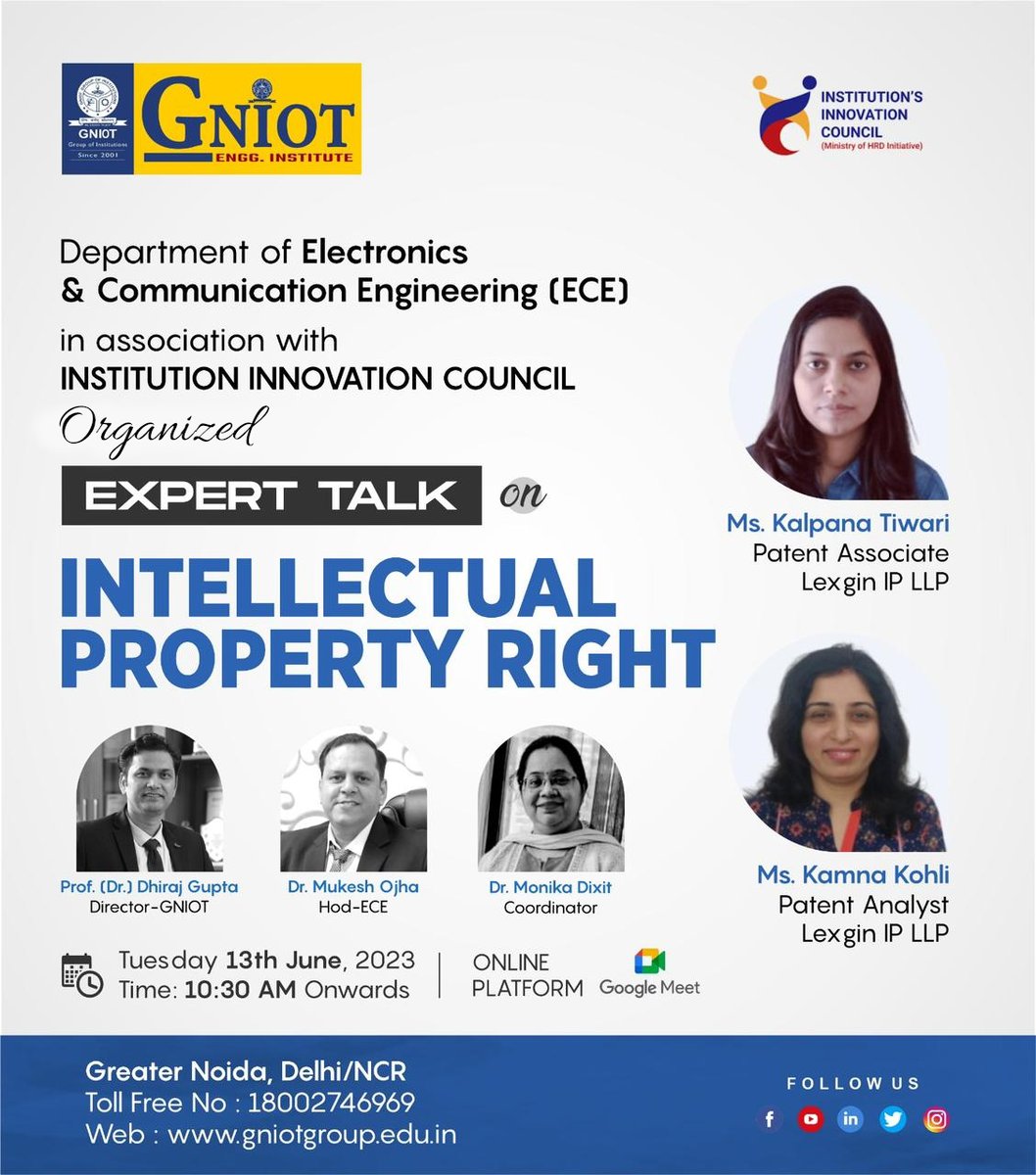GNIOTCollege's tweet photo. Electronics & Communication Engineering Department in association with Institution Innovation council organized an expert talk on " Intellectual Property Right” on 13 June 2023 from 10.30 am onwards.
#InnovationMatters #Iirp #KnowledgeSharing #ECEExperts #PatentAnalyst https://t.co/r4Ogsf4ySp
