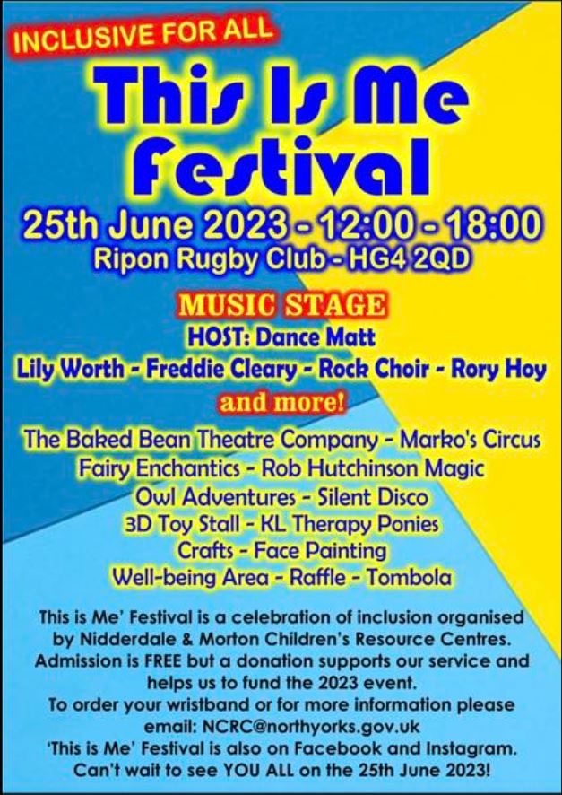 This years This is Me Festival is taking place on Sunday 25th June at Ripon Rugby Club. There is an amazing line up and lots of activities for all to enjoy.
#thisismefestival
