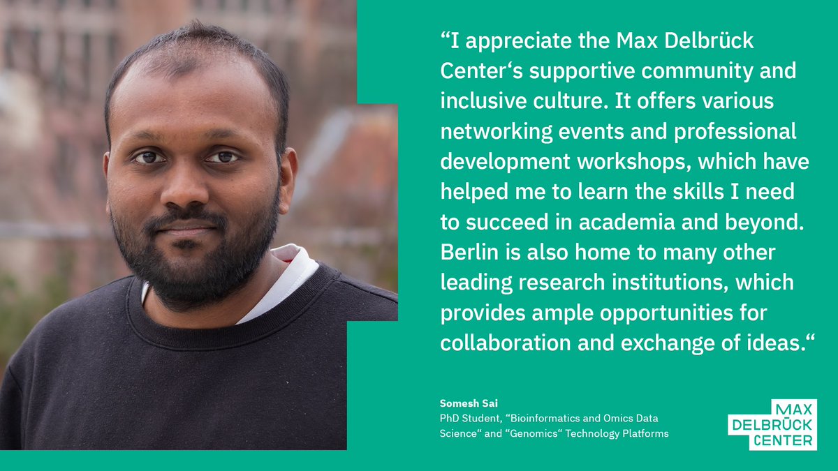 Curious minds thrive at the #mdcBerlin! Inclusiveness and #collaboration are two of our core strengths, from which #PhDstudents like Somesh Sai can benefit. Check out his experiences 👇

Join us and apply for a fully-funded #PhDposition until Juli 5: mdc-berlin.de/application