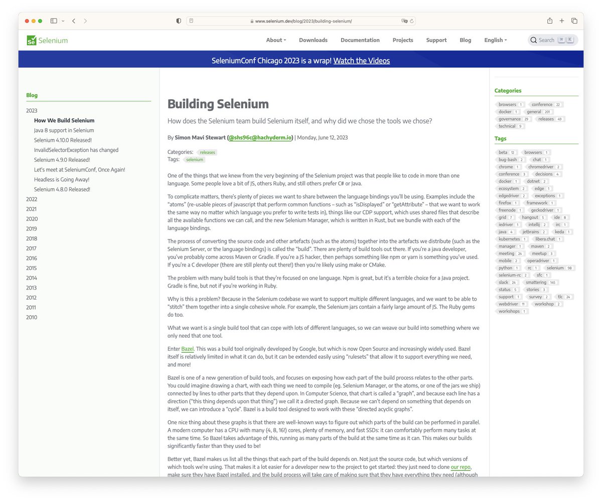 Selenium (@seleniumhq) on Twitter photo 🚨 New blog post 🚨
How does the Selenium team build Selenium itself, and why did we chose the tools we chose? Check this post from <a href="/shs96c/">Simon Mavi Stewart</a>!
selenium.dev/blog/2023/buil… 🚨 New blog post 🚨
How does the Selenium team build Selenium itself, and why did we chose the tools we chose? Check this post from <a href="/shs96c/">Simon Mavi Stewart</a>!
selenium.dev/blog/2023/buil…
