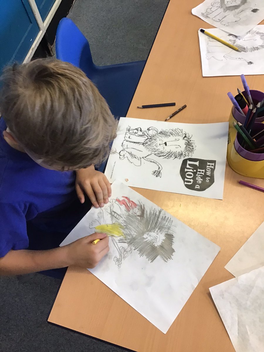 StPPPrimaryY2's tweet photo. Day two of immersing ourselves into our core text! Recreating the front cover of #howtohidealion by the wonderful @stephens_helen 📖🦁 https://t.co/lk9wF1pI5U