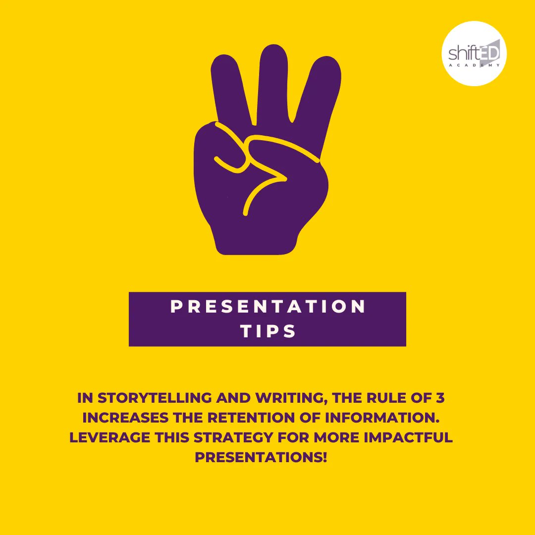 To optimize the retention of information, use the rule of 3. 3️⃣ consider 3 parts of your presentation: opening, main content, closing 3️⃣ break the main content into 3 topics 3️⃣ use phrases or words in sets of three to ampilfy your point. 🚦Lights, 🎥Camera, 🎬Action!