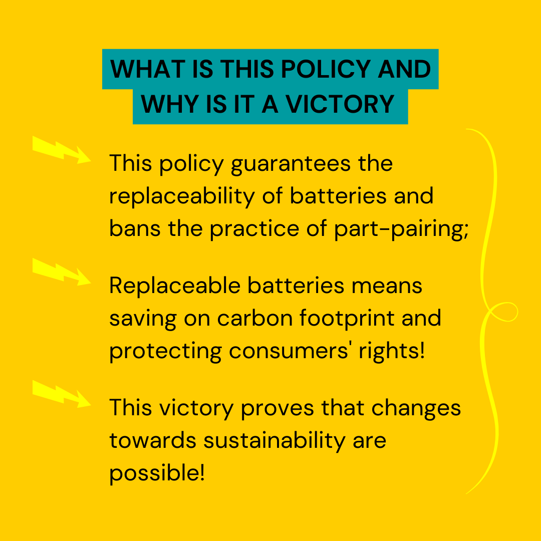 R2REurope's tweet photo. 🇪🇺The European Parliament just approved a new #battery regulation &amp; there is plenty of good news for #repair!  

🔋We celebrate the progress on battery removability &amp; availability! All new portable devices &amp; light means of transport will have to have replaceable #batteries 

1/6 https://t.co/dgI5r7H1XM