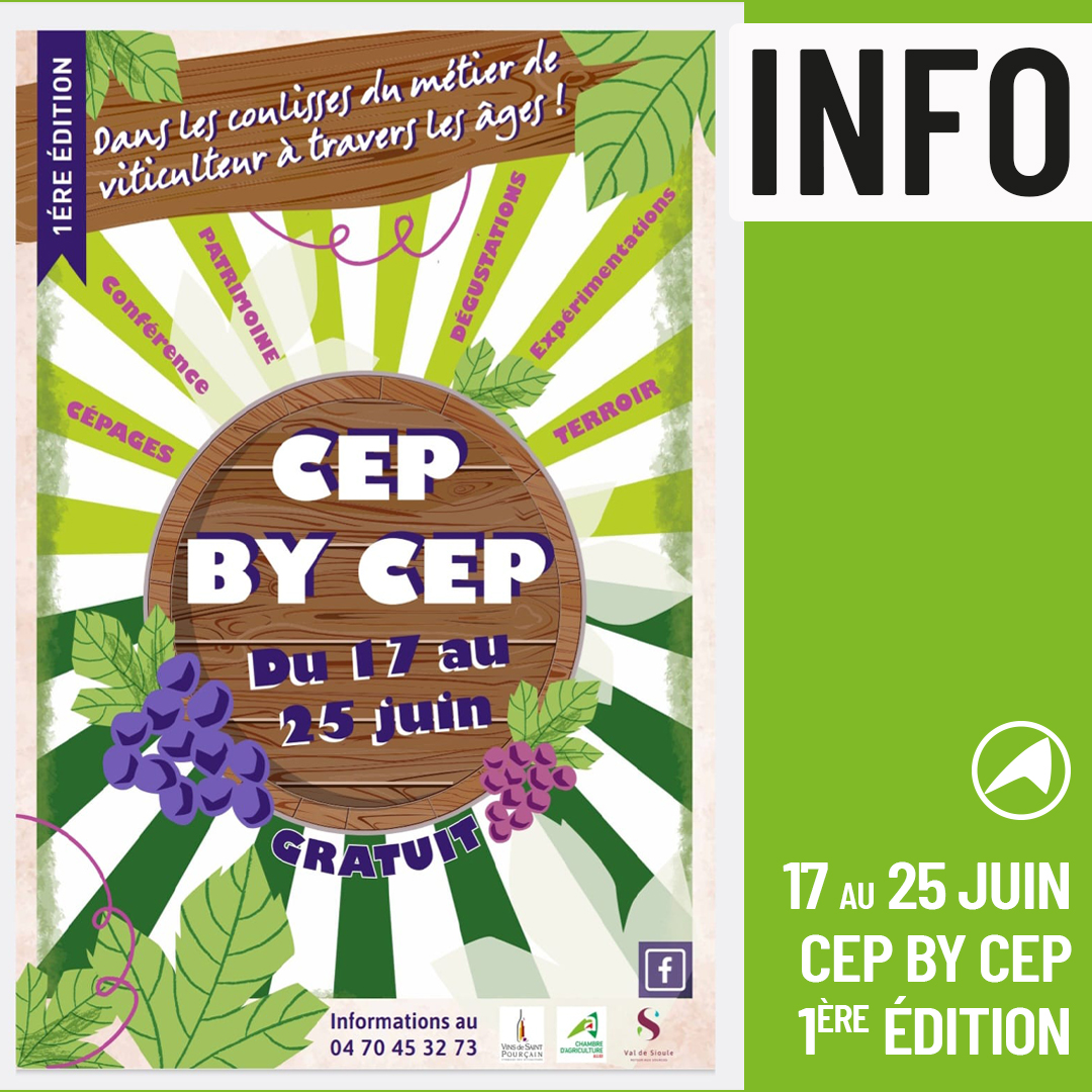 ÉVÈNEMENT : "CEP BY CEP" 
Du 17 au 25/06, 1ère édition du Festival  co-organisée par la Chambre de l'Allier dans divers lieux du vignoble de Saint-Pourçain. 
Découvrez les coulisses du métier de viticulteur à travers les âges ! 

+ infos 👉 …tranet-allier.chambres-agriculture.fr/actualites/tou…