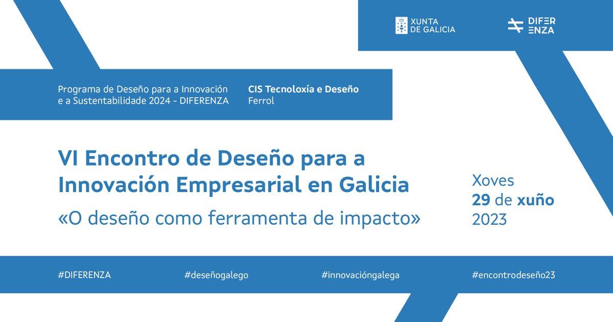🗓️ ANOTA NA AXENDA! Celebra con nós o Día Mundial do #DeseñoIndustrial.  

Inscrición aberta no #encontrodeseño23, co foco no #deseño como ferramenta de impacto.  

O 29/06 no CIS Tecnoloxía e Deseño (Ferrol).
👇🏽
gain.xunta.gal/eventos/564/vi…

#DIFERENZA #deseñogalego
