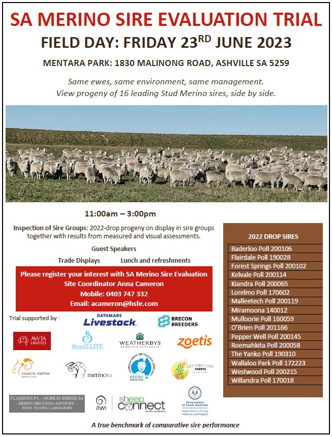 Stud and Commercial Woolgrowers are invited to the SA #Merino Sire Evaluation Trial Field Day. 📆 Friday, 23 June 23 ⏰ 11am - 3pm 📍 Mentara Park, 1830 Malinong Road, Ashville ➡ Please register your interest with site coordinator, Anna Cameron (acameron@hsfe.com)