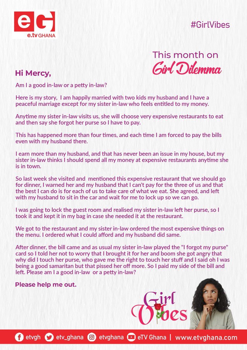 Do share your views! Let's help our friend.

#GirlDilemma on #GirlVibes
#etvGhana