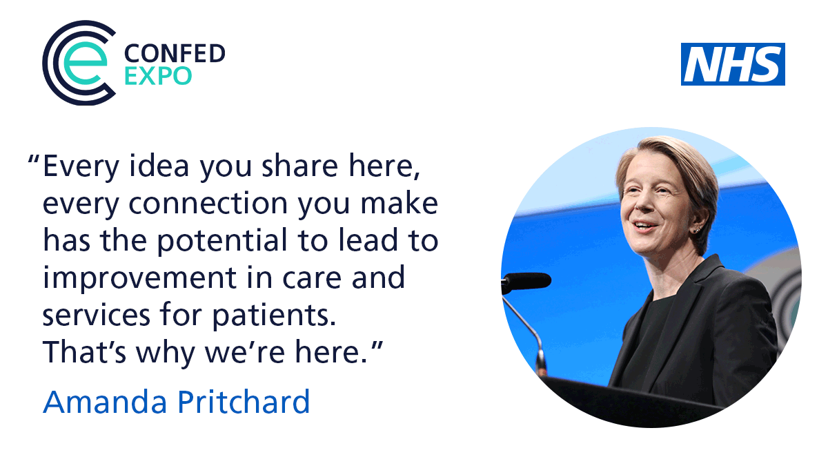 NHSConfed's tweet photo. "Every idea you share here, every connection you make has the potential to lead to improvement in care and services for patients. That’s why we’re here." @AmandaPritchard delivering her keynote speech at #NHSConfedExpo https://t.co/NFr4ntHRaS