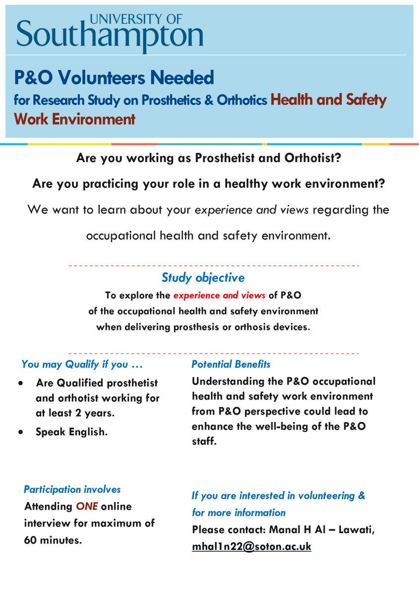 Manal Al Lawati (@manallawati) on Twitter photo Hello my P&O colleagues,
I am working towards my research project titled “Prosthetists’ and Orthotists’ experience and views of their occupational health and safety environment" If you are interested in participation, please contact me on : mhal1n22@soton.ac.uk.
Thanks
@HallMdh Hello my P&O colleagues,
I am working towards my research project titled “Prosthetists’ and Orthotists’ experience and views of their occupational health and safety environment" If you are interested in participation, please contact me on : mhal1n22@soton.ac.uk.
Thanks
@HallMdh