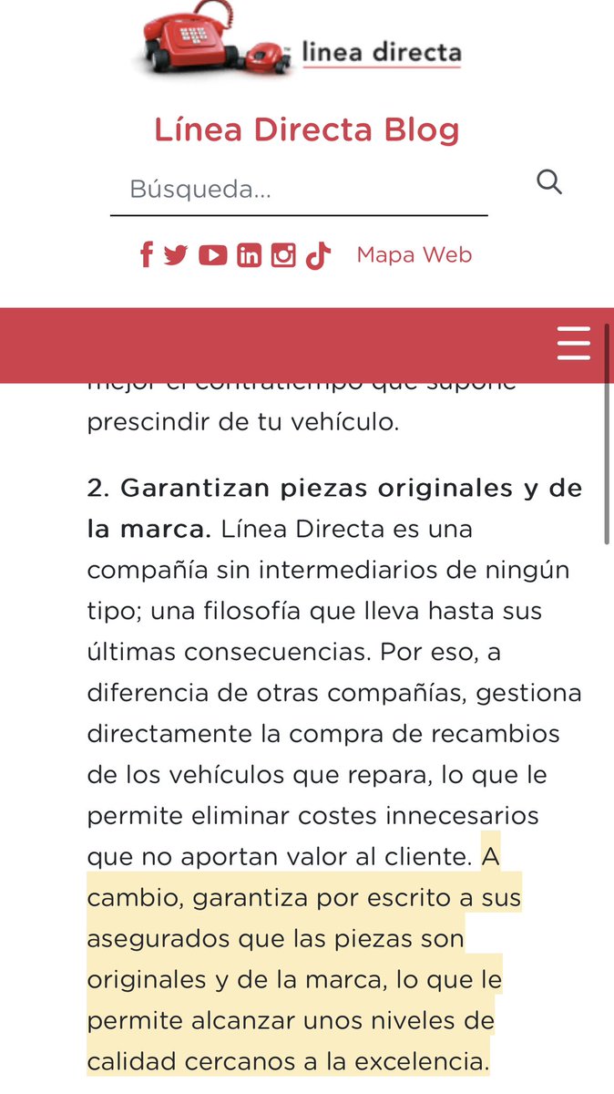 Hola <a href="/LineaDirecta_es/">Línea Directa</a> tenéis esto en vuestra web sin embargo por un siniestro del que no tengo la culpa me queréis poner recambios no originales y en vuestro departamento de reclamacionese dicen que ahora tengo que esperar 45 días a que el perito acepte o no 😳