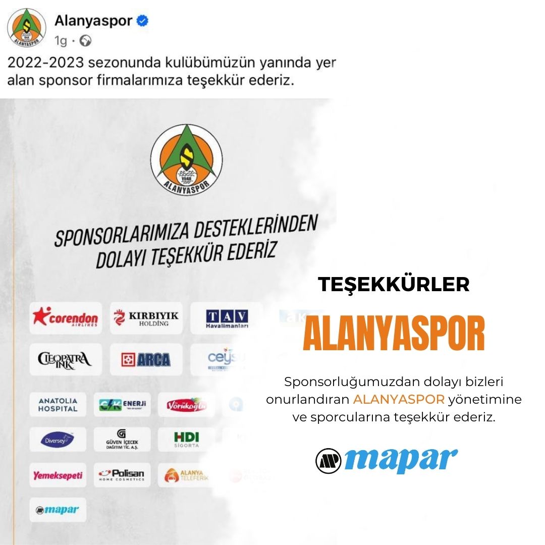 mapar_otomotiv's tweet photo. Sponsorluğumuzdan dolayı bizleri onurlandıran ALANYASPOR yönetimine ve sporcularına teşekkür ederiz.
#alanyaspor #mapar #süperlig https://t.co/YLRIcLqRnH