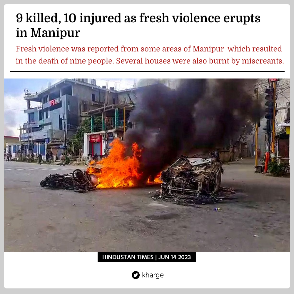 9 people have lost their lives in Manipur violence, yesterday. 

Modi Govt's 𝐬𝐡𝐚𝐦𝐞𝐥𝐞𝐬𝐬 𝐝𝐫𝐮𝐦𝐛𝐞𝐚𝐭𝐢𝐧𝐠 about Northeast India has 𝐝𝐫𝐨𝐰𝐧𝐞𝐝 𝐭𝐡𝐞 𝐯𝐨𝐢𝐜𝐞𝐬 𝐨𝐟 𝐡𝐮𝐦𝐚𝐧𝐢𝐭𝐲 𝐢𝐧 𝐌𝐚𝐧𝐢𝐩𝐮𝐫.

Even as a beautiful 𝐛𝐨𝐫𝐝𝐞𝐫 𝐬𝐭𝐚𝐭𝐞 of India is…