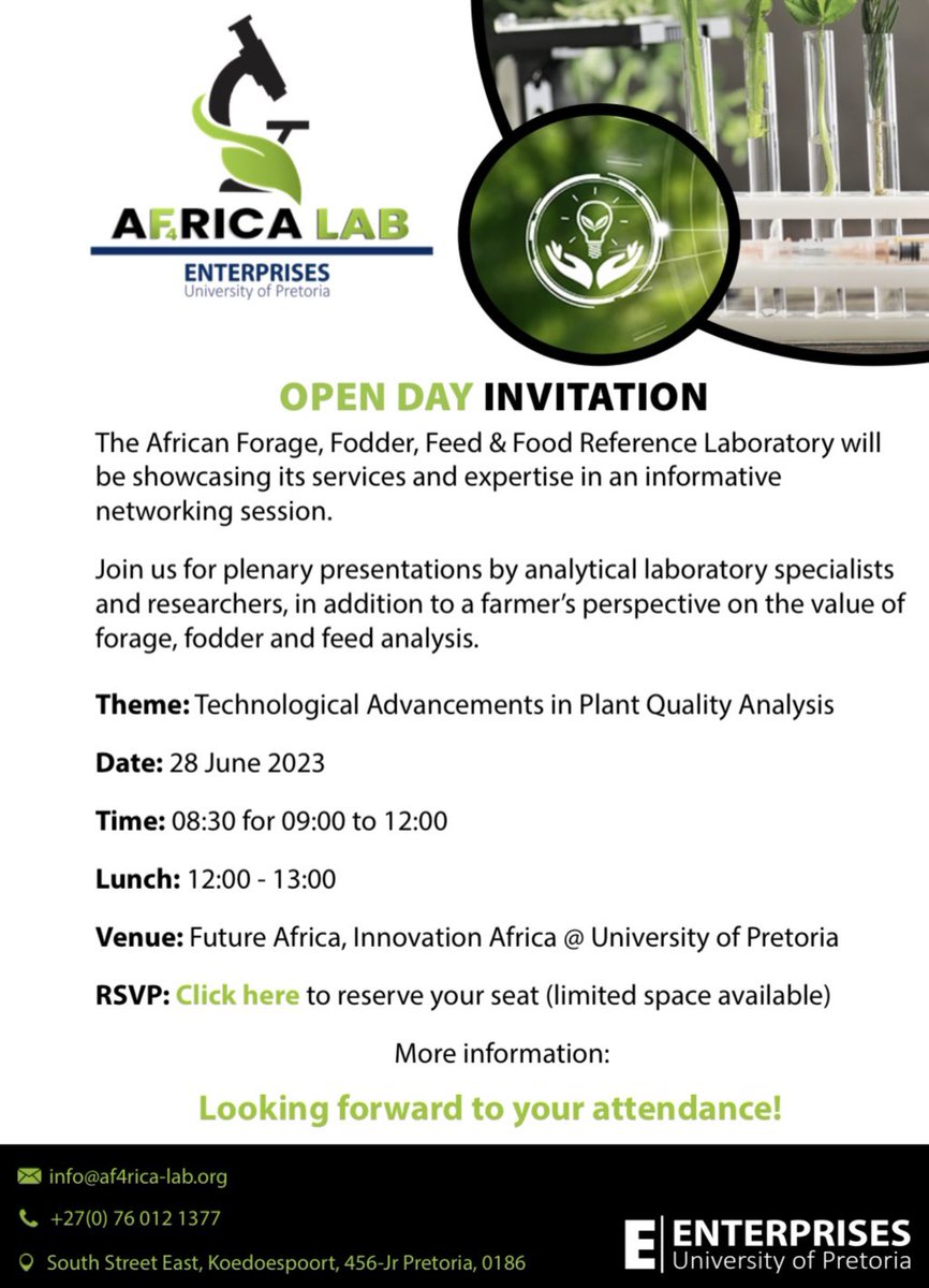 We are excited to welcome you to our Open Day! Please navigate to the link in our bio to reserve your seat. 

#AF4RICALab #Feed #Forage #Fodder #Food #quality #reference #laboratory #futureafrica #innovationafrica #openday <a href="/UPnasagric/">UP Faculty of Natural and Agricultural Sciences</a> <a href="/UPPlantAndSoil/">UP Plant and Soil Sciences🌾</a> @ResearchUP <a href="/UPTuks/">University of Pretoria</a>