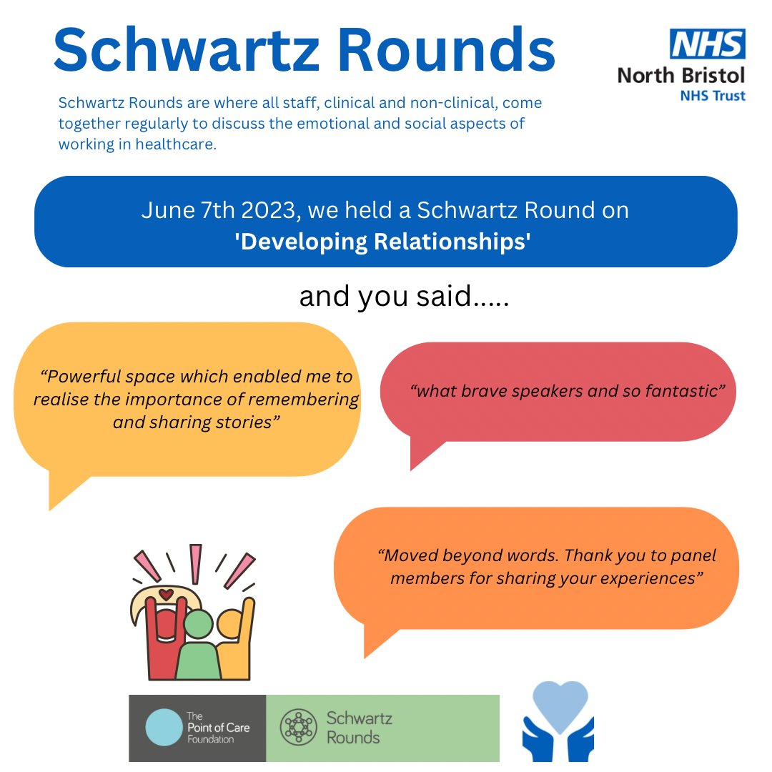 Reflecting on last week’s Schwartz Round theme- ‘Developing Relationships’. Very powerful storytelling. A BIG thank you to our panellists. Also TY to those who listened, your feedback is appreciated 👇🏾👇🏾👇🏾. Next Round Fri July 14th. See you there ☺️