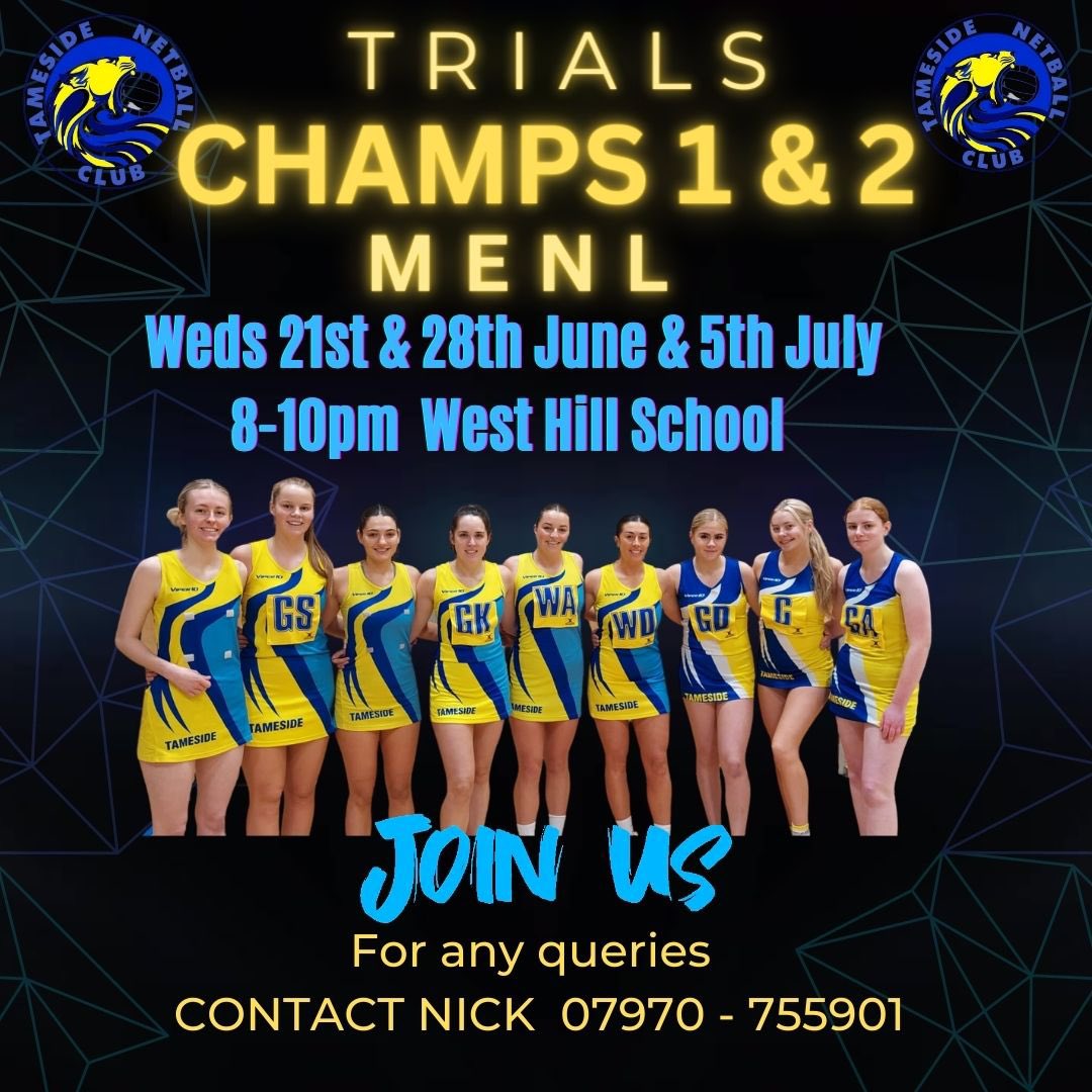 💙💛 TRIALS CHAMPS 1&amp;2 💙💛

⬇️ TRIALS continue for our
CHAMPS 1&amp;2 and MENL Squads!⬇️

🏃🏻‍♀️Turn up &amp; Trial 🏃🏻‍♀️ 
 Contact Nick for any queries 
☎️ 07970 755901☎️