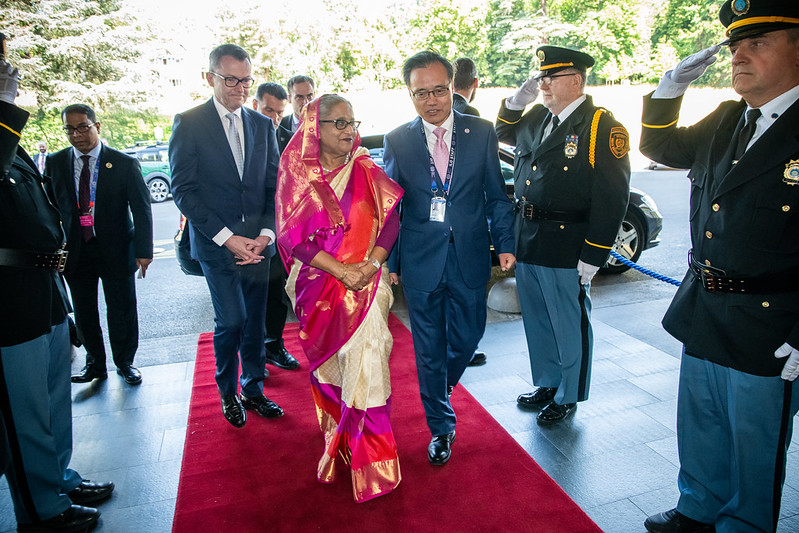Honourable Prime Minister Sheikh Hasina arrived at the Palais des Nations, Geneva to attend the World of Work Summit, under the theme of “Social Justice for All”.  Stay tuned on live.ilo.org/events/opening… from 6pm-11pm. #SocialJusticeForAll #ILC2023