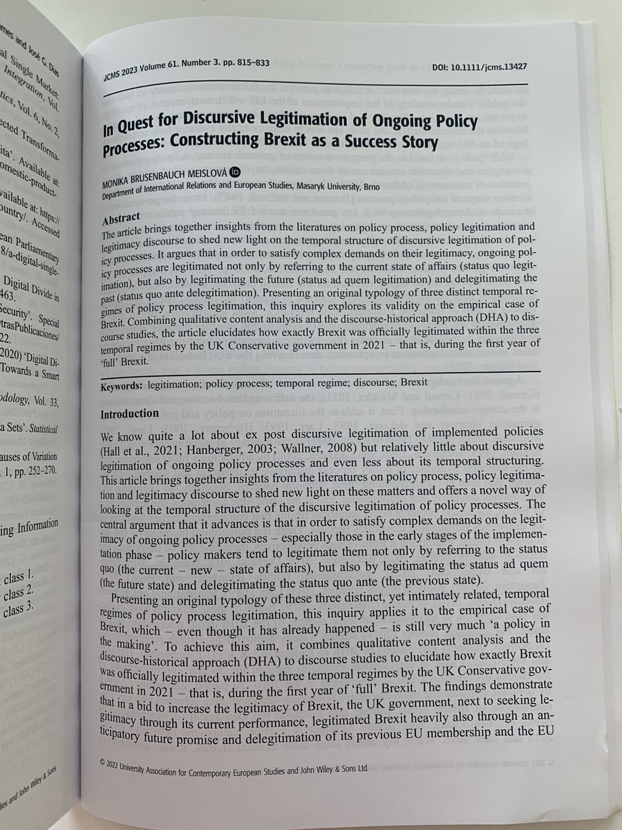My article on #UK government's construction of #Brexit as a success story not on a screen but on the crisp pages of @JCMS_EU journal. What a lovely surprise to receive a print copy! A nostalgic reminder of the charm of print in our digital world. #AcademicJoys @MVESFSSMU