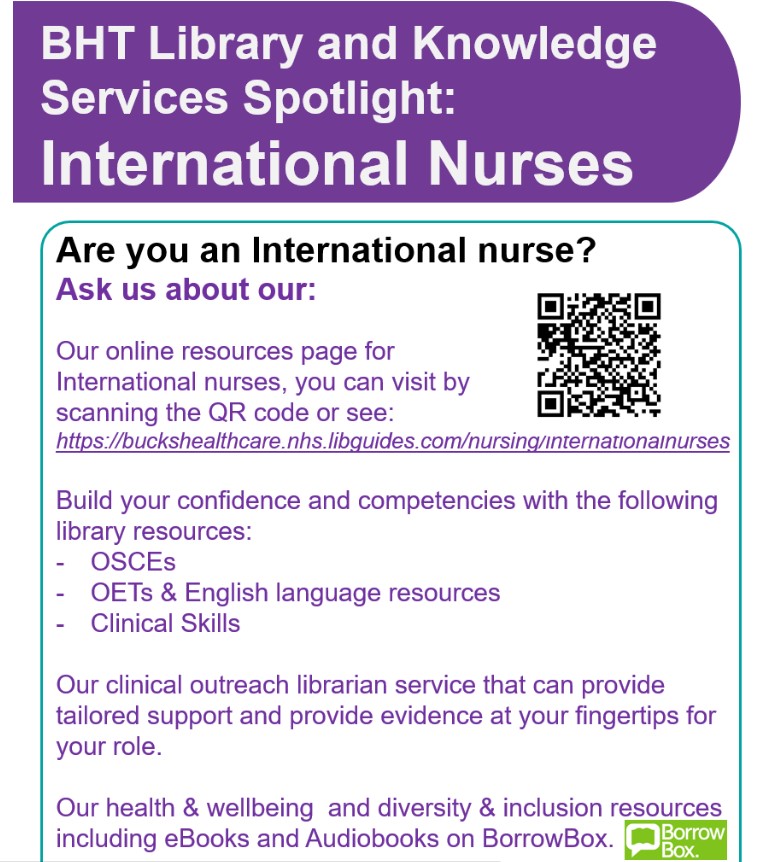 Are you an international nurse?
Check out our online resources page here:
buckshealthcare.nhs.libguides.com/nursing/intern…
Some great resources!
#BHTLibrary #Nursing