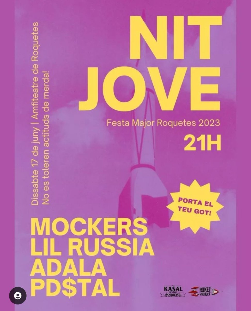 Barcelona! Aquest dissabte a les 21:00 ens veiem a l'amfiteatre de Les Roquetes dins la festa major del barri amb #lilrussia #adala #pdstal ! Moltes gràcies als organitzadors <a href="/kjroquetes/">Kasal Joves Roquetes</a> per fer-nos un espai 🖤 Fins aviat!