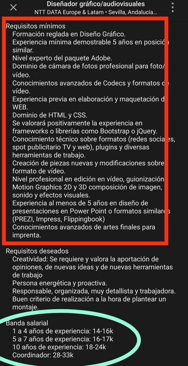 RkaPlus's tweet image. No os da vergüenza?? En @NTTDataSpain buscan un realizador, cámara, editor, sonidista, ilustrador, motion graphics, artista 3D, programador web, maquetador y mamporrero 3.0... Con ese salario.